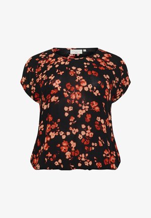Black floral blouse with short sleeves, featuring red and cream flower patterns, soft fabric, and a round neckline.