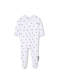 Rompers blancs pour bébés avec des manches courtes, dotés d'un imprimé de lettres noires. Comprend un col rond et des jambes recouvertes pour plus de confort.