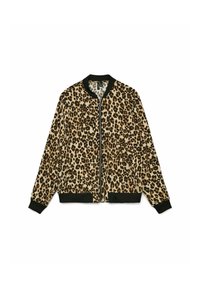Leopardmönstrad bomberjacka i mjukt tyg, med svart ribbad krage och manschetter, heldragkedja och en avslappnad passform.