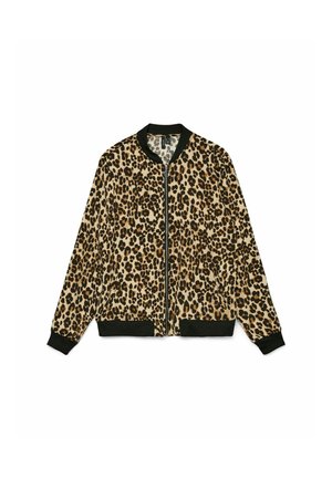 Leopard print bomber jacket in soft fabric, featuring a black ribbed collar and cuffs, full-length zipper, and a relaxed fit.