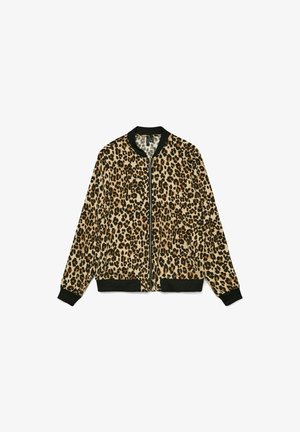 Veste bomber imprimée léopard en tissu doux, avec un col et des poignets côtes noirs, une fermeture éclair sur toute la longueur et une coupe décontractée.