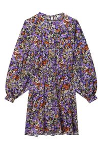 Vestido floral hecho de una tela ligera, con un patrón en púrpura, naranja y verde, mangas largas, un escote redondo y cintura fruncida.