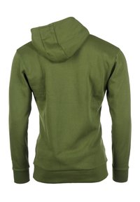 Oliivinvihreä huppari, joka on valmistettu pehmeästä kankaasta, ja siinä on kengurupocketti, resorit hihansuissa ja rento leikkaus.