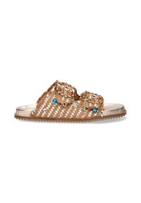 Zapatillas deslizantes de tejido en color marrón y plata metálica. Presentan una parte superior texturizada con adornos decorativos, incluyendo cuentas y gemas. Suela de goma.