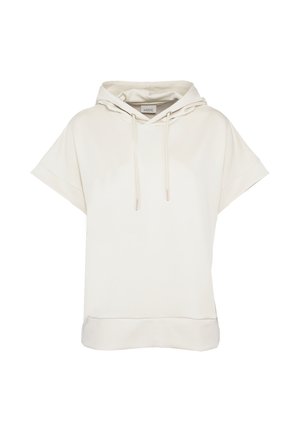 Sweat à capuche écru à manches courtes avec cordons réglables, coupe décontractée et ourlet côtelé.