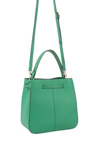 Groeneleren handtas met een gestructureerd ontwerp, bovenhandgreep en verstelbare schouderband. Kenmerkt zich door naaddetails en een gladde textuur.