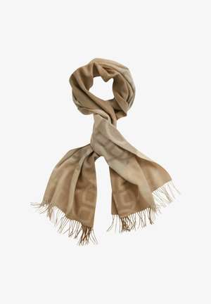 Hellbrauner, gemusterter Schal mit Fransenenden, drapiert und locker geknotet vor einem weißen Hintergrund.