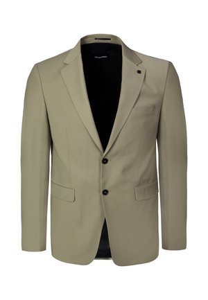 Blazer beige da uomo su misura con rever a lancia, due bottoni frontali neri, tasche a patta e taschino sul petto, sbottonato con fodera nera interna.