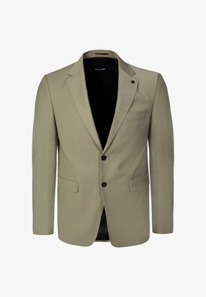 Americana beige de hombre entallada con solapas con muesca, dos botones negros delanteros, bolsillos con solapa y un bolsillo de ojal en el pecho, desabrochada con forro negro interior.