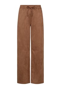 Brown wide-leg pants made from soft suede material, featuring a drawstring waistband and a simple design with no additional accents.