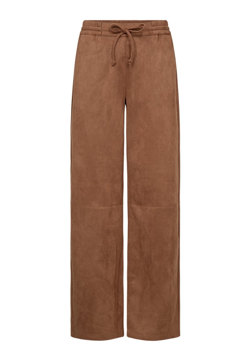 Brown wide-leg pants made from soft suede material, featuring a drawstring waistband and a simple design with no additional accents.