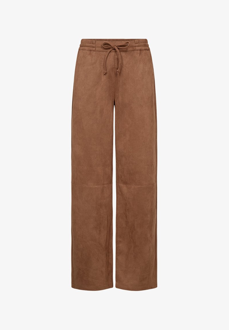 Brown wide-leg pants made from soft suede material, featuring a drawstring waistband and a simple design with no additional accents.