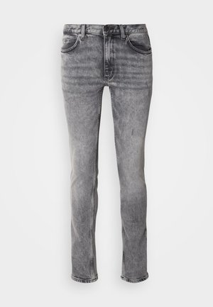 Gray denim jeans with a faded design, slim straight fit, five-pocket style, and subtle whiskering details along the thighs and knees.