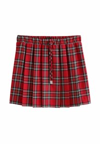 Jupe plissée à carreaux rouge et noir avec une taille élastique et un cordon tressé à nouer à l'avant.