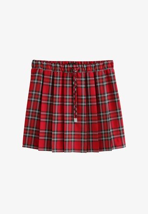 Rode en zwarte geblokte plissérok met een elastische tailleband en een gevlochten koord aan de voorkant.