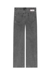 Jeans in denim grigio con un design a gamba larga. Presentano due tasche posteriori, una vita standard e cuciture sottili.