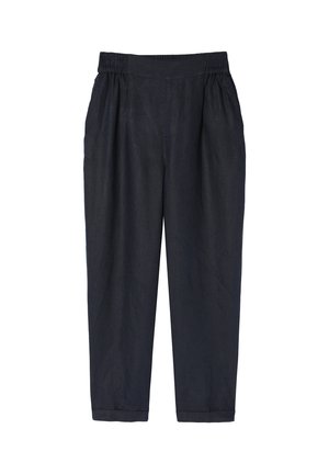 Pantaloni leggeri di un blu scuro, realizzati in un tessuto a trama; presentano un elastico in vita e gambe affusolate con orli a maniche.