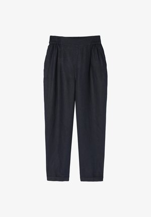 Mørkeblå, letvægtsbukser lavet af et vævet stof; har en elastisk talje og smalle ben med manchetter.