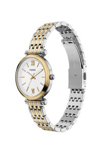 Rund sølv- og guldtonet rustfrit stål ur med en hvid urskive, romerske tal og et to-tonet armbånd med vævede led.