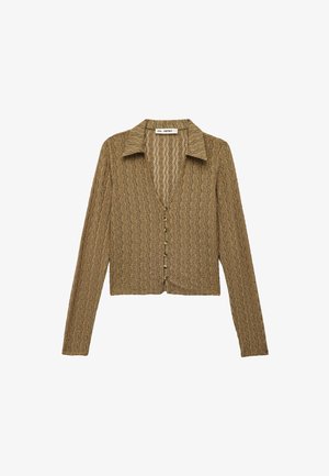 Cardigan marron, texturé, avec un motif en vagues, à manches longues, avec un col et une fermeture à boutons. Conçu en matériau doux.