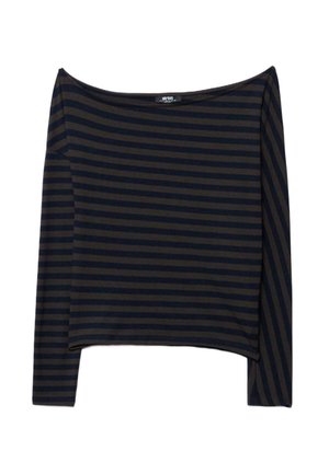 Čierne a tmavo zelené pruhované vrchné diel s dlhými rukávmi a výstrihom cez plecia, s voľným strihom a mäkkou elastickou tkaninou.