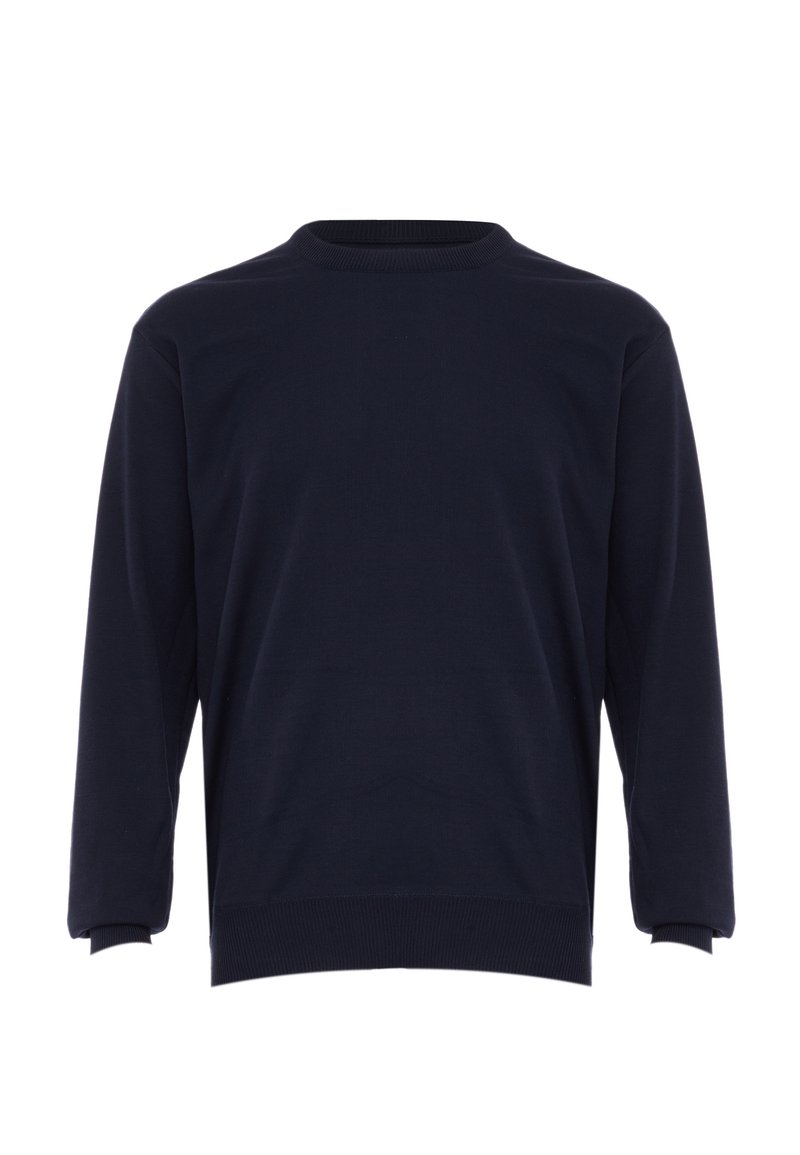 Felpa a maniche lunghe blu navy con scollatura rotonda, realizzata in tessuto liscio. Presenta polsini e orlo a costine per un aspetto aderente.