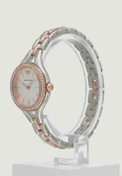 Silver and rose gold watch with a round face, crystal-accented bezel, and link band featuring alternating metal colors and smooth textures.