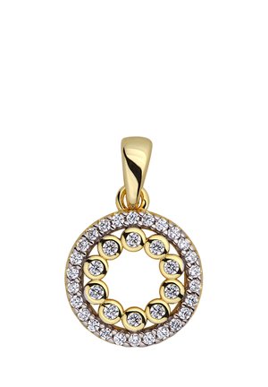 Goldener runder Anhänger mit zwei konzentrischen Ringen aus klaren, rund geschliffenen Diamanten, einem inneren und einem äußeren, befestigt an einer glatten Goldöse.