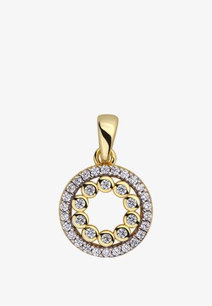 Goldener runder Anhänger mit zwei konzentrischen Ringen aus klaren, rund geschliffenen Diamanten, einem inneren und einem äußeren, befestigt an einer glatten Goldöse.