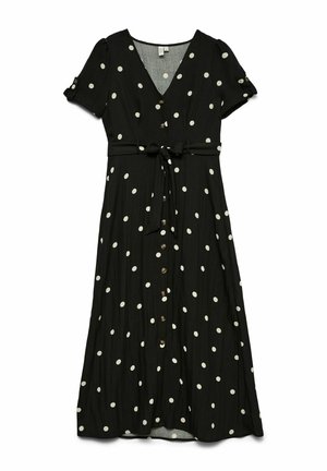 Czarna sukienka midi w białe grochy, z krótkimi rękawami, guziczkami z przodu, dekoltem w serek oraz paskiem do wiązania w talii.