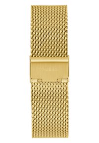 Gouden mesh armband met een glad oppervlak en gestructureerde schakels. Voorzien van een merkgesp met het woord "GUESS" gegraveerd.