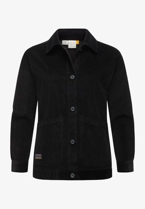 Veste en velours côtelé noir à boutons, manches longues, col, deux poches avant et petit patch logo cousu près de l'ourlet.