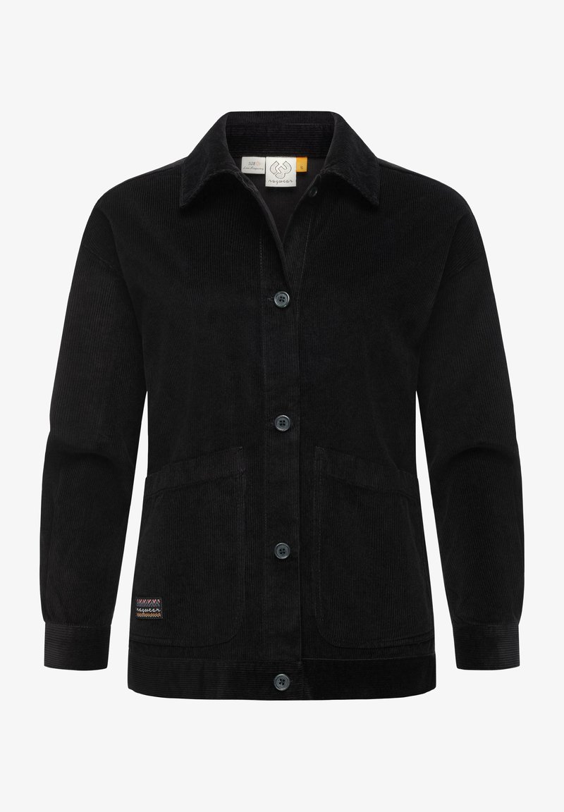 Veste en velours côtelé noir à boutons, manches longues, col, deux poches avant et petit patch logo cousu près de l'ourlet.