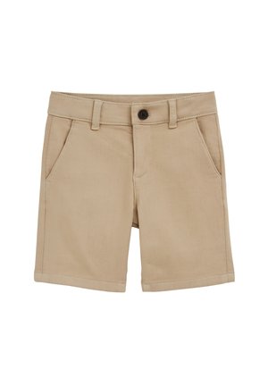 Pantaloni scurți bej din bumbac, cu buzunare frontale, buzunare pentru curea și o singură închidere cu nasture negru pe un fundal alb.