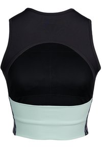 Zwarte atletische crop top met een mesh achterkant, voorzien van een mintgroene ribband aan de onderkant en een naadloze constructie voor comfort.