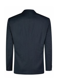 Dunkelmarineblaues maßgeschneidertes Blazer mit glatter Textur, strukturierten Schultern und drei Knöpfen an jedem Ärmel, ausgestattet mit einem mittigen Schlitz auf der Rückseite.