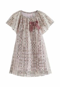 Glittrande klänning i mjuk rosa med vertikala ränder av paljetter, korta ärmar och en sammetsrosett detalj på framsidan. Slät textur.