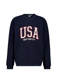 Navy blue sweatshirt with crew neck. Features "USA" and "NEW YORK CITY" in white and red lettering. Soft fabric; long sleeves.