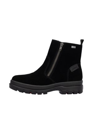 Bottes bottines en daim noir avec une fermeture éclair latérale, une semelle en caoutchouc et un passant en textile. Elles présentent une texture lisse et des surpiqûres contrastantes.