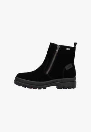 Bottes bottines en daim noir avec une fermeture éclair latérale, une semelle en caoutchouc et un passant en textile. Elles présentent une texture lisse et des surpiqûres contrastantes.