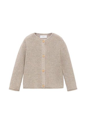 Beige Strickcardigan mit rundem Ausschnitt, langen Ärmeln und fünf Holzknöpfen vorne. Strukturierter Stoff und gerippte Bündchen.