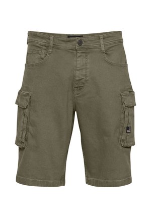 Olivengrønne cargoshorts lavet af en bomuldsblanding, med flere lommer, bæltestropper og knaplukning i taljen.