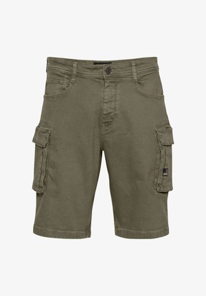 Olivengrønne cargoshorts lavet af en bomuldsblanding, med flere lommer, bæltestropper og knaplukning i taljen.