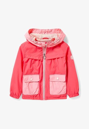 Veste à capuche pour enfants de couleur rose et corail, avec fermeture éclair à l'avant, deux poches à rabat, poignets élastiques et doublure en maille à l'intérieur de la capuche.