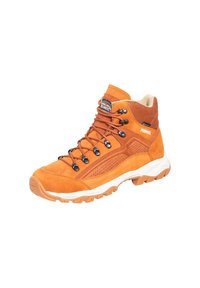 Braune Wildleder-Wanderschuhe mit Netzdetails, Gummisohle, Metallösen und orangefarbenen Schnürsenkeln. Knöchelhöhe für Unterstützung und Stabilität.