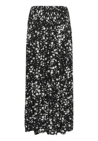 Jupe noire avec motif floral abstrait blanc, taille élastique, design en couches, tissu fluide, mi-longue avec texture plissée.