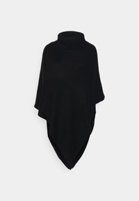 Černý pletený pončo s vysokým rolákem, volným střihem, asymetrickým spodním lemováním a jemnou texturou. Žádné viditelné vzory nebo kovové prvky.