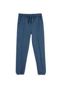 Joggingbukser i en bomuldsblanding i blå, med elastisk talje, snøre, to sidelommer og ribbede ankler.