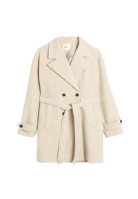 Kerman beige kaksirivinen takki, jossa on pehmeä villasekoite, suuret pääntiet, vyöllinen vyötärö ja napilliset hihansuut. Tasainen pinta ilman kuvioita.