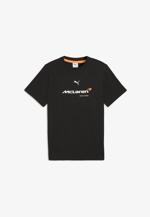 Czarny T-shirt z krótkim rękawem z białym logo Puma nad białym i pomarańczowym napisem „McLaren Racing” na przodzie, pomarańczowy detal na kołnierzu.